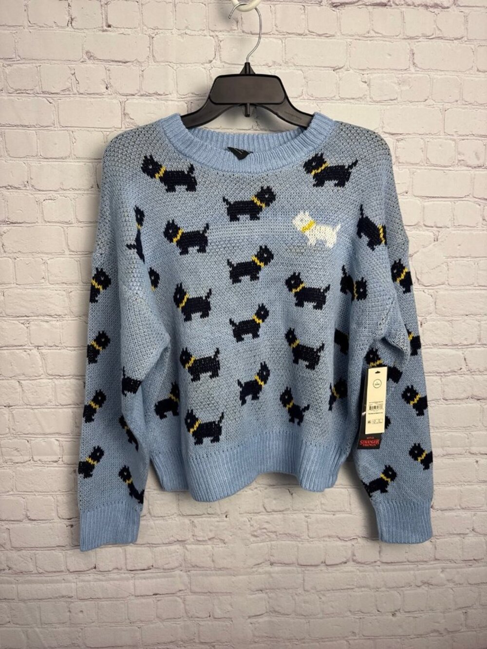 Stranger things no boundaries large light blue sweater new novelty dog print